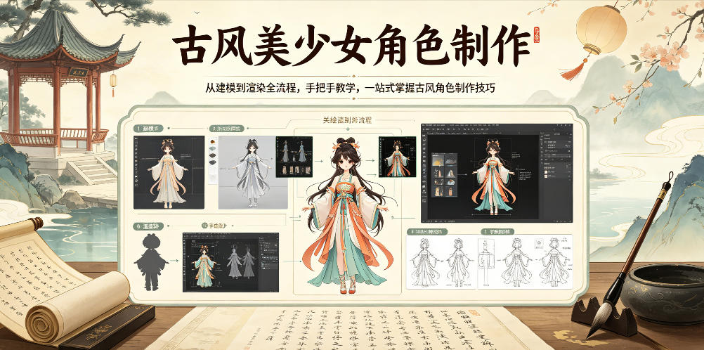 古风美少女角色制作,从建模到渲染全流程,手把手教学,一站式掌握古风角色制作技巧-极客网创