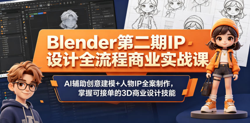 Blender第二期IP设计全流程商业实战课,AI辅助创意建模+人物IP全案制作,掌握可接单的3D商业设计技能-极客网创