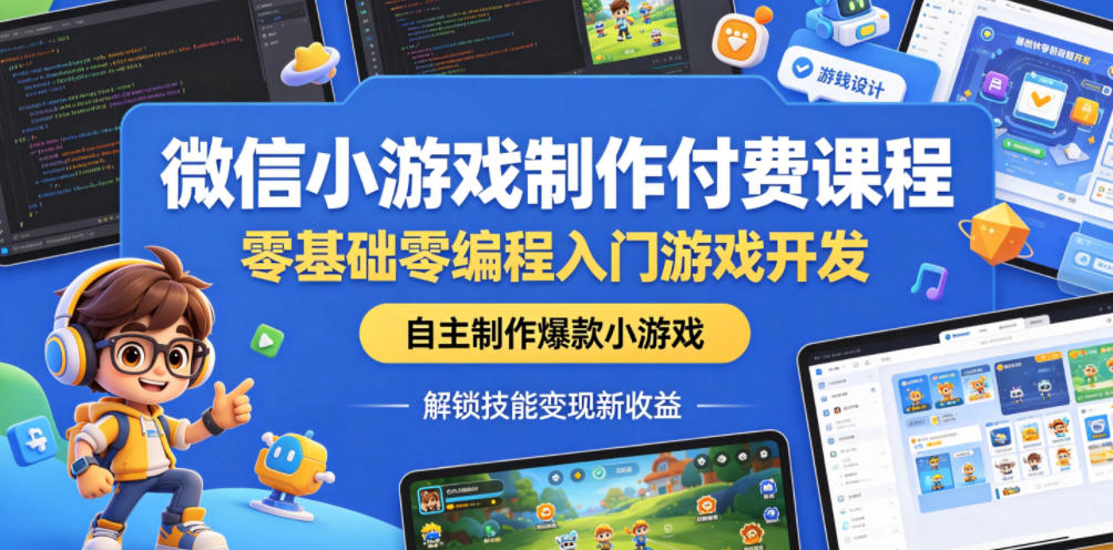 微信小游戏制作付费课程,零基础零编程入门游戏开发,自主制作爆款小游戏,解锁技能变现新收益-极客网创