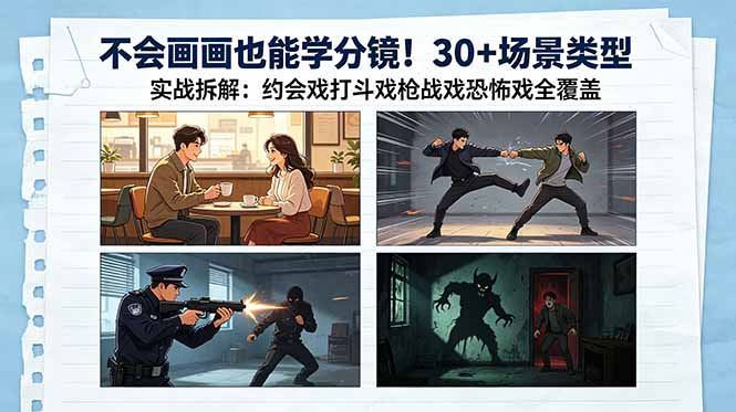 不会画画也能学分镜!30+场景类型实战拆解:约会戏打斗戏枪战戏恐怖戏全覆盖-极客网创