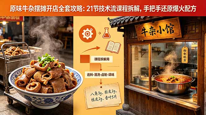 原味牛杂摆摊开店全套攻略：21节技术流课程拆解，手把手还原爆火配方-极客网创
