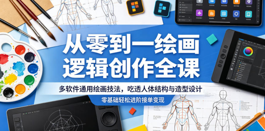 从零到一绘画逻辑创作全课,多软件通用绘画技法,吃透人体结构与造型设计,零基础轻松进阶接单变现-极客网创