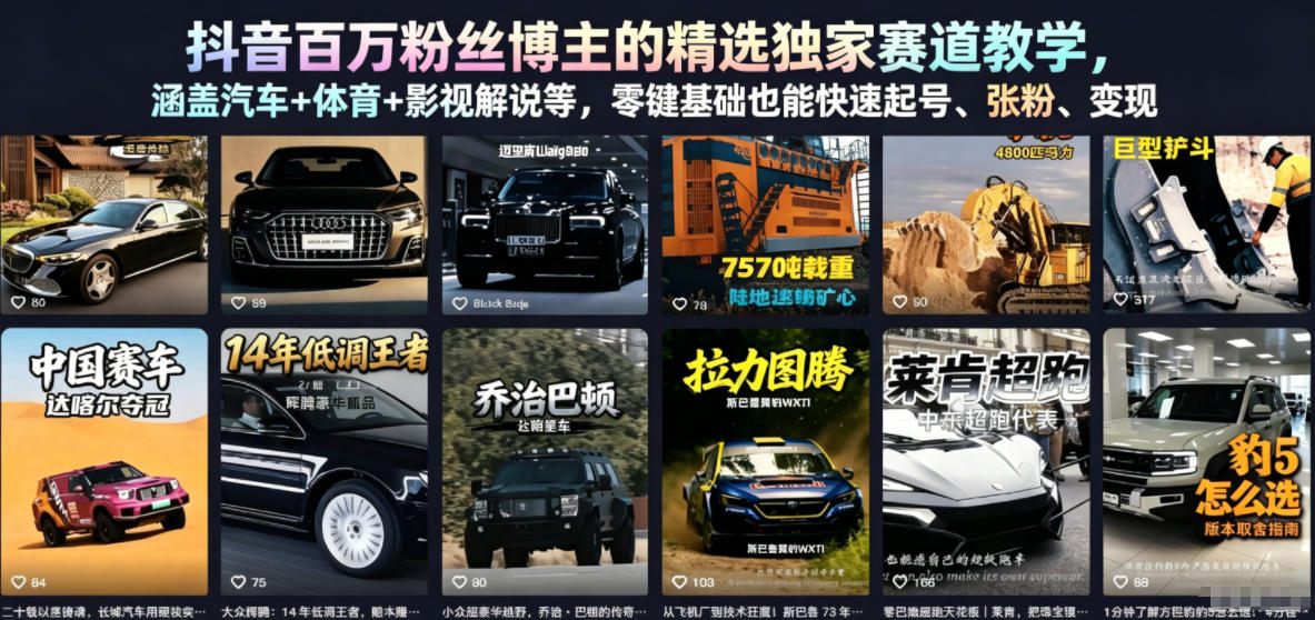 抖音百万粉丝博主的精选独家赛道教学,涵盖汽车+体育+影视解说等,零基础也能快速起号、涨粉、变现-极客网创