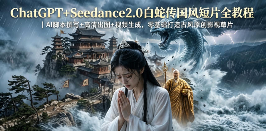 ChatGPT+Seedance2.0白蛇传国风短片全教程|AI脚本撰写+高清出图+视频生成,零基础打造古风原创影视短片-极客网创