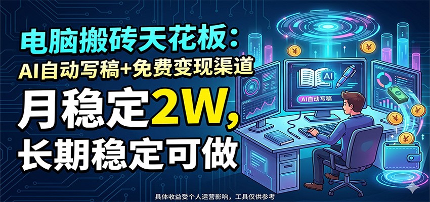 电脑搬砖天花板:AI自动写稿+免费变现渠道,月稳定2W,长期稳定可做-极客网创