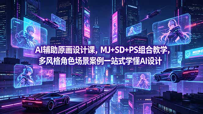 AI辅助原画设计课，MJ+SD+PS组合教学，多风格角色场景案例一站式学懂AI设计-极客网创