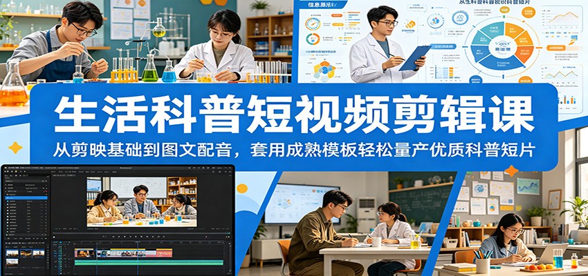 生活科普短视频剪辑课：从剪映基础到图文配音，套用成熟模板轻松量产优质科普短片-极客网创