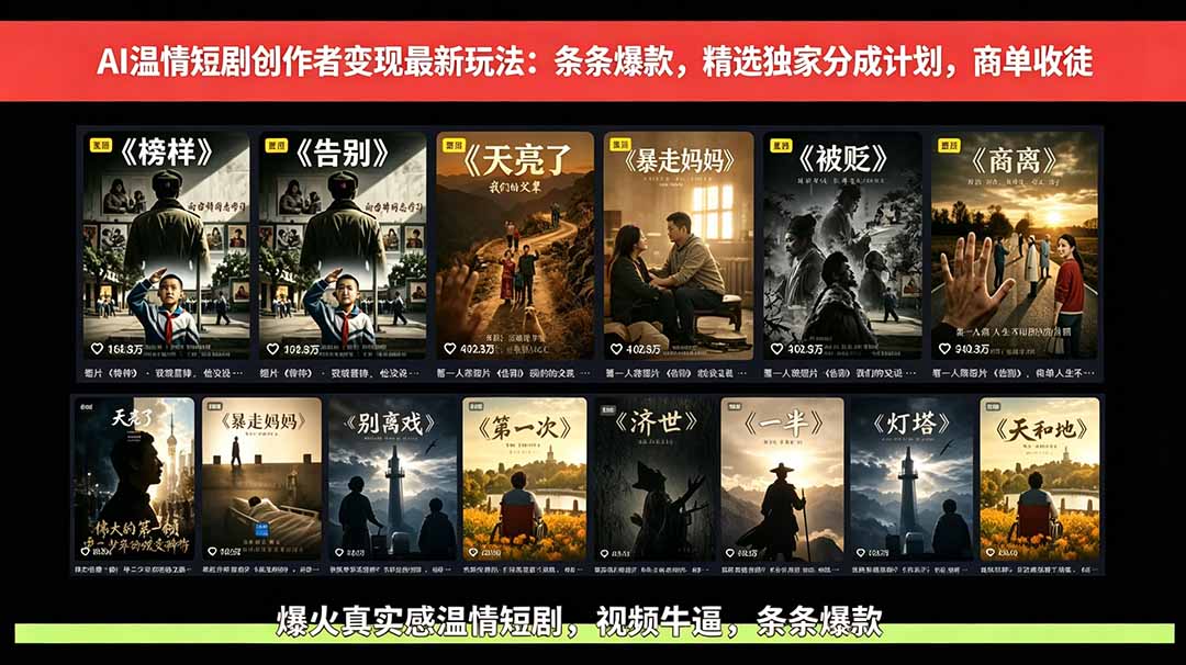 AI温情短剧创作者变现最新玩法：视频牛逼，条条爆款，精选独家分成计划，商单收徒-极客网创