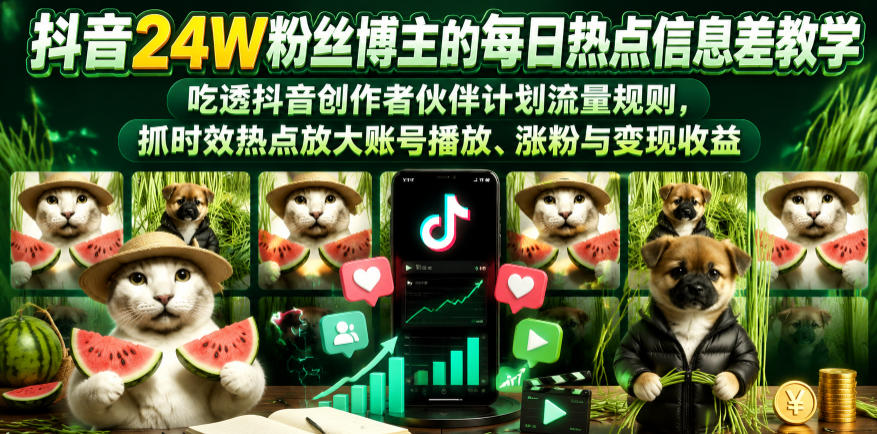 抖音24W粉丝博主的每日热点信息差教学，吃透创作者伙伴计划流量规则，抓时效热点放大账号播放、涨粉与变现收益-极客网创