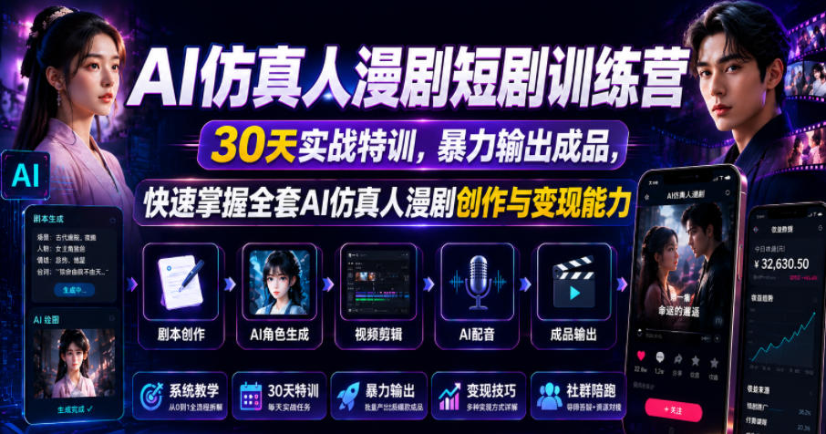 AI仿真人漫剧短剧训练营，30天实战特训，暴力输出成品，快速掌握全套AI仿真人漫剧创作与变现能力-极客网创