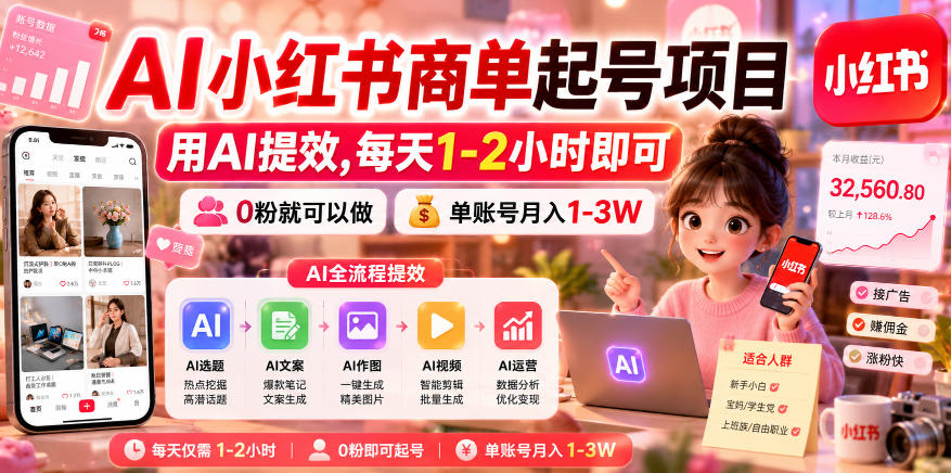 AI小红书商单起号项目,用AI提效,每天1-2小时即可,0粉就可以做,单账号月入1-3W-极客网创