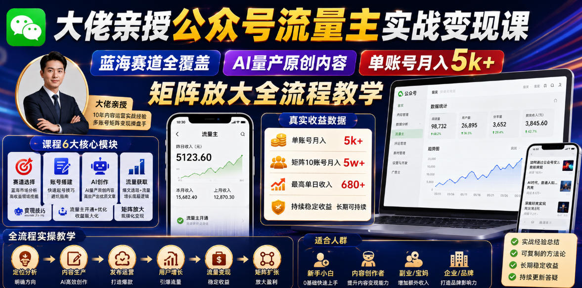 大佬亲授公众号流量主实战变现课,蓝海赛道全覆盖,AI量产原创内容,单账号月入5k+矩阵放大全流程教学-极客网创