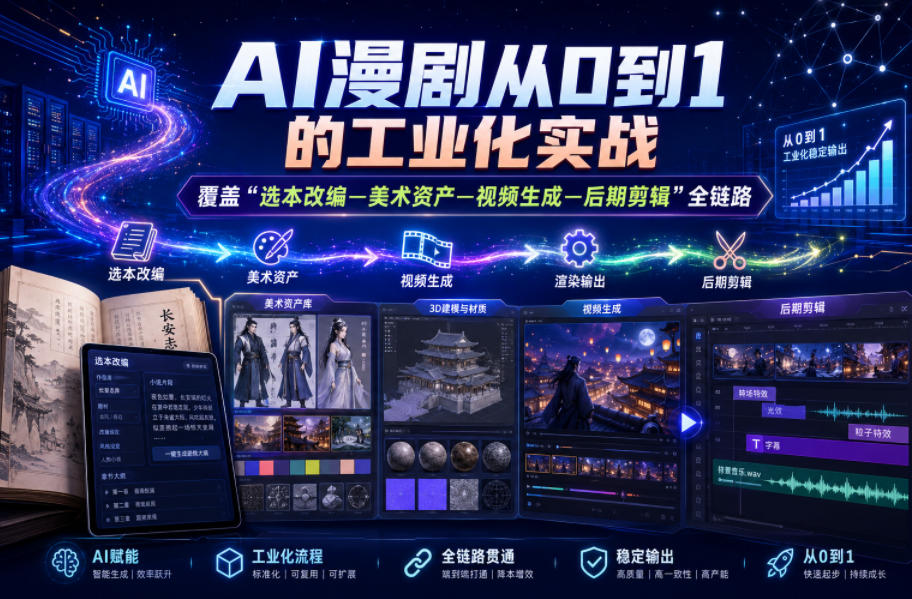 AI漫剧从0到1的工业化实战,覆盖“选本改编—美术资产—视频生成—后期剪辑”全链路(更新6月)-极客网创