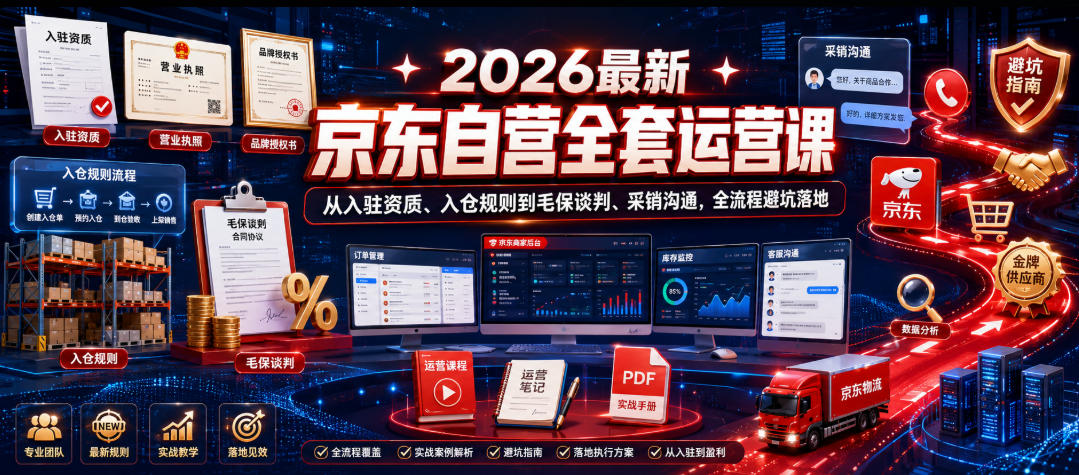 2026最新京东自营全套运营课,从入驻资质、入仓规则到毛保谈判、采销沟通,全流程避坑落地-极客网创
