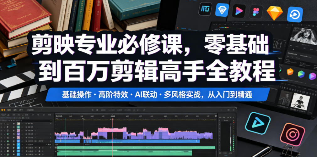 剪映专业必修课,零基础到百万剪辑高手全教程,基础操作・高阶特效・AI联动・多风格实战,从入门到精通-极客网创