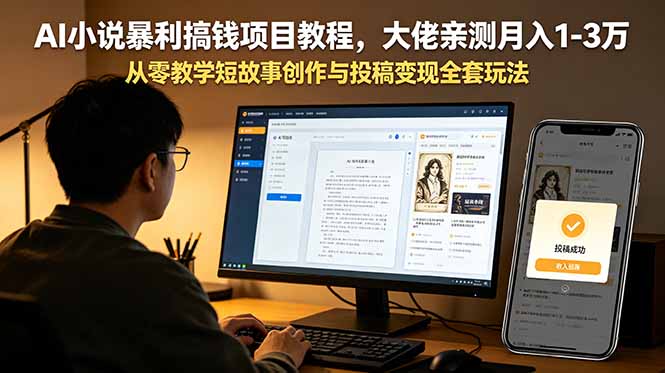 AI小说暴利搞钱项目教程,大佬亲测月入1-3万,从零教学短故事创作与投稿变现全套玩法-极客网创
