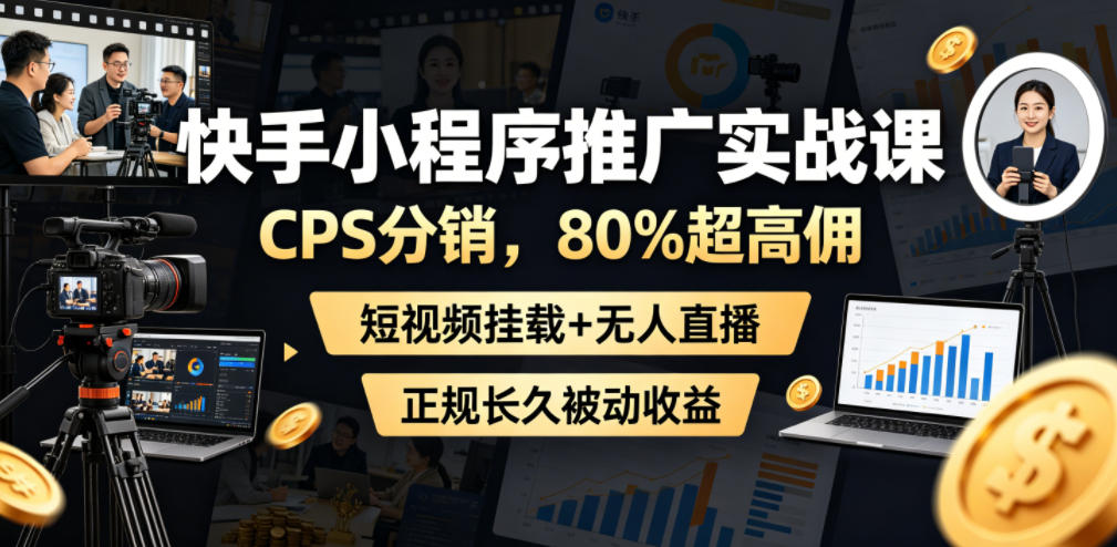 快手小程序推广实战课，CPS分销，80%超高佣，短视频挂载+无人直播，正规长久被动收益-极客网创