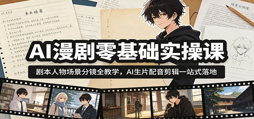 AI漫剧零基础实操课：剧本人物场景分镜全教学，AI生片配音剪辑一站式落地-极客网创