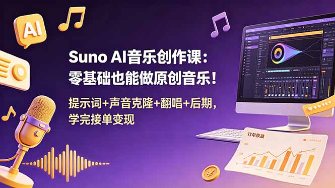 Suno AI音乐创作课:零基础也能做原创音乐!提示词+声音克隆+翻唱+后期,学完接单变现-极客网创
