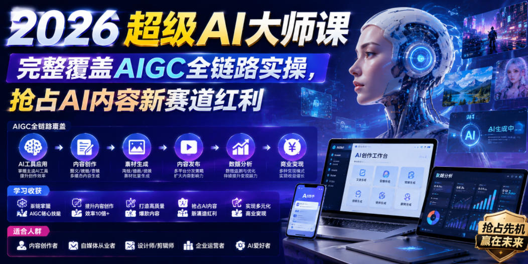 2026超级AI大师课,完整覆盖AIGC全链路实操,抢占AI内容新赛道红利-极客网创