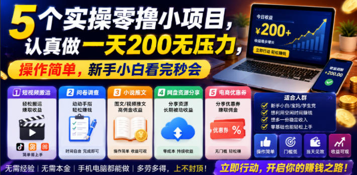 5个实操零撸小项目，认真做一天200无压力，操作简单，新手小白看完秒会【揭秘】-极客网创