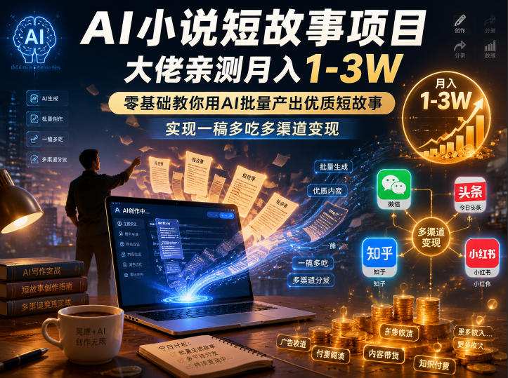AI小说短故事项目，大佬亲测月入1-3W，零基础教你用AI批量产出优质短故事，实现一稿多吃多渠道变现(更新0624)-极客网创