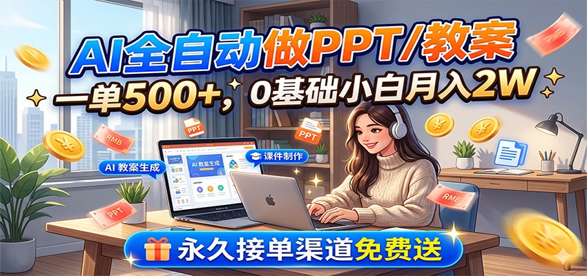 AI全自动做PPT/教案，一单500+，0基础小白月入2W，永久接单渠道免费送-极客网创