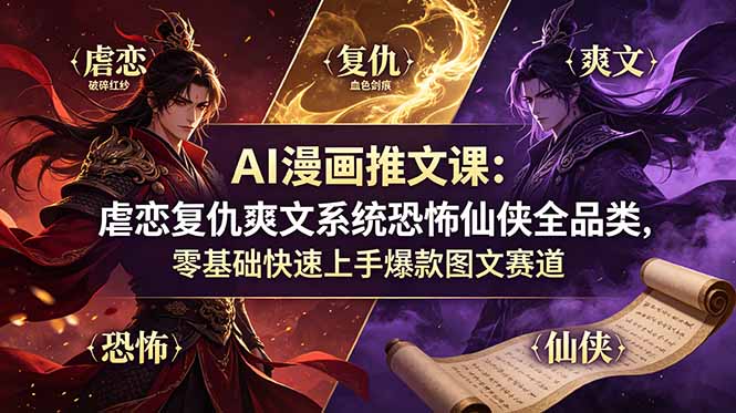 AI漫画推文课：虐恋复仇爽文系统恐怖仙侠全品类，零基础快速上手爆款图文赛道-极客网创