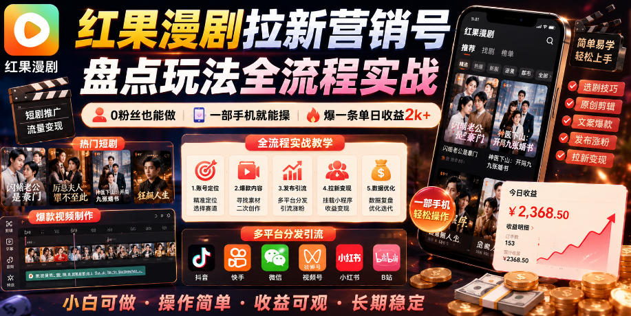 红果漫剧拉新营销号盘点玩法全流程实战，0粉丝也能做，一部手机就能做，爆一条单日收益2k+(更新0628)-极客网创