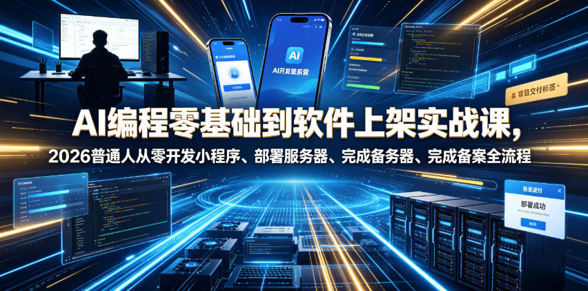 AI编程零基础到软件上架实战课，2026普通人从零开发小程序、部署服务器、完成备案全流程项目落地教程-极客网创