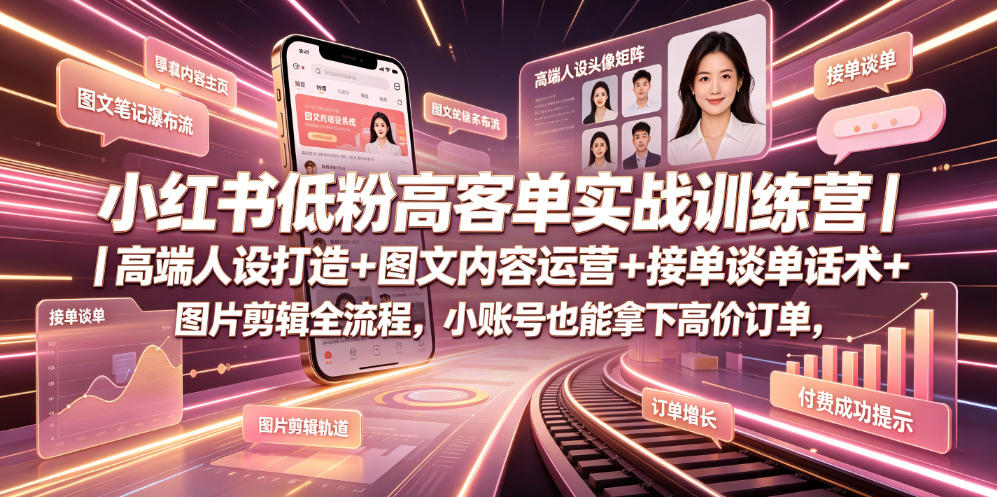 小红书低粉高客单实战训练营|高端人设打造+图文内容运营+接单谈单话术+图片剪辑全流程,小账号也能拿下高价订单-极客网创