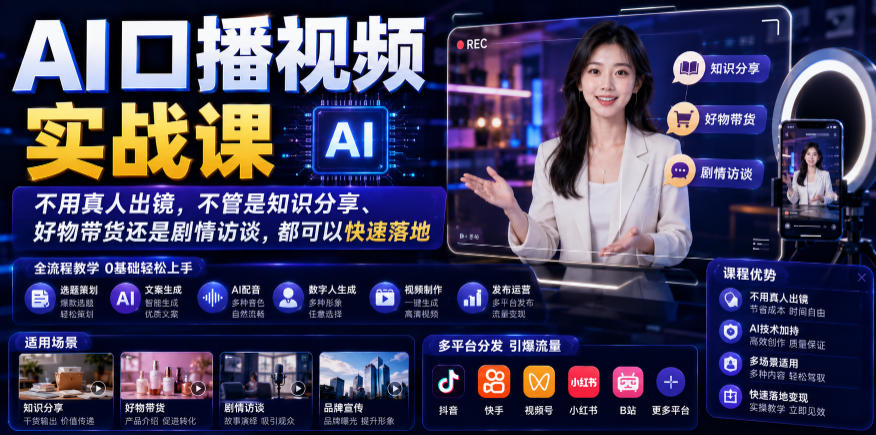 AI口播视频实战课，不用真人出镜，不管是知识分享、好物带货还是剧情访谈，都可以快速落地-极客网创