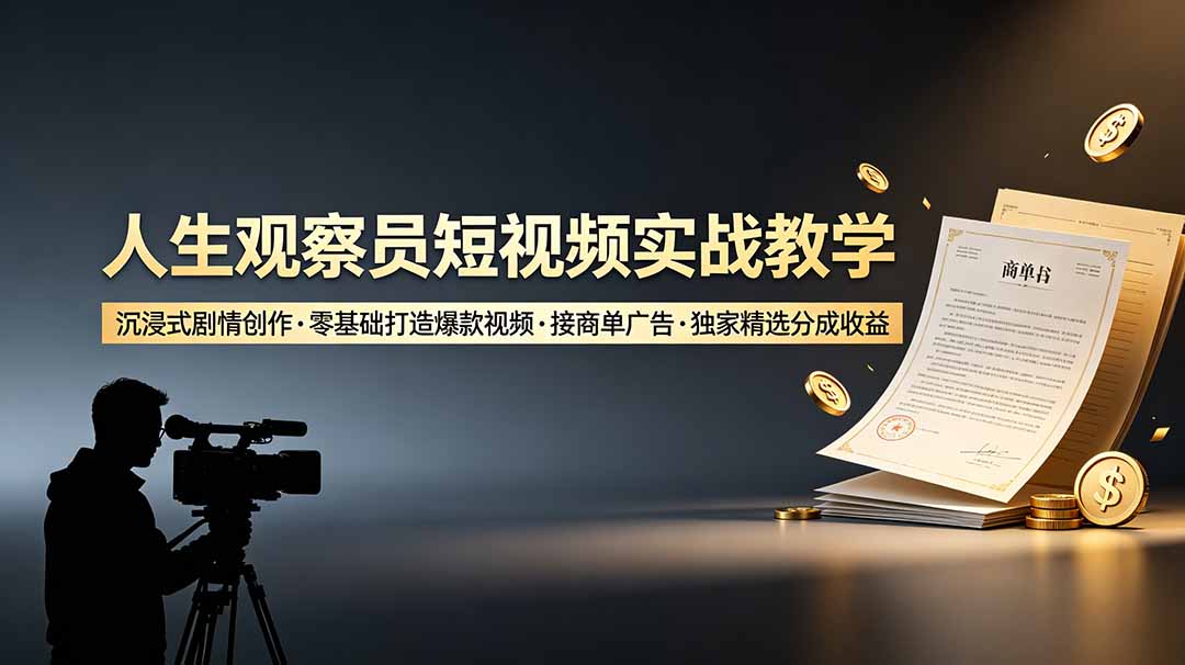 人生观察员短视频实战教学，沉浸式剧情创作，零基础打造爆款视频，接商单广告，独家精选分成收益-极客网创