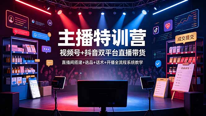 主播特训营：视频号+抖音双平台直播带货，直播间搭建+选品+话术+开播全流程系统教学-极客网创
