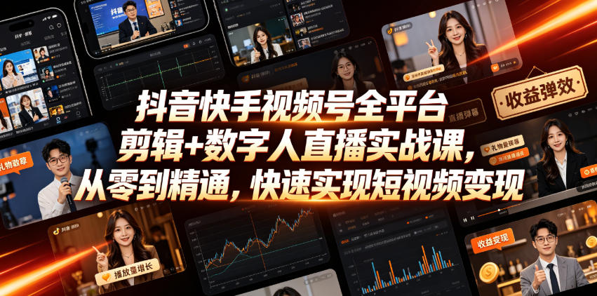 抖音快手视频号全平台剪辑+数字人直播实战课,从零到精通,快速实现短视频变现(更新2026年6月)-极客网创