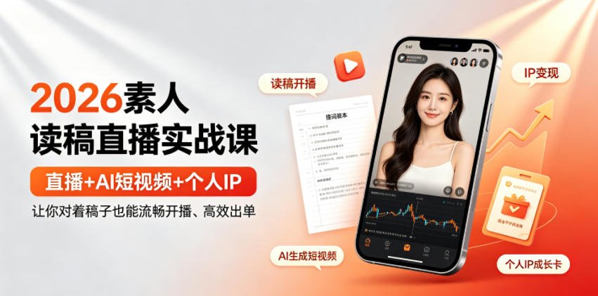 2026素人读稿直播实战课|直播+AI短视频+个人IP,让你对着稿子也能流畅开播、高效出单-极客网创