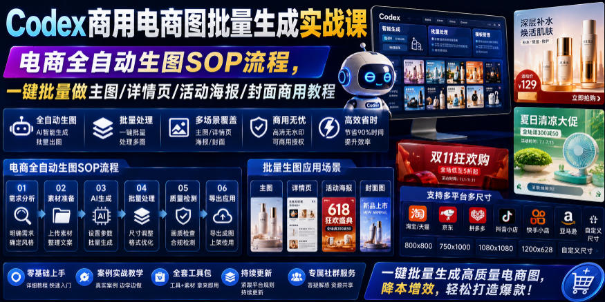 Codex商用电商图批量生成实战课｜电商全自动生图SOP流程，一键批量做主图/详情页/活动海报/封面商用教程-极客网创