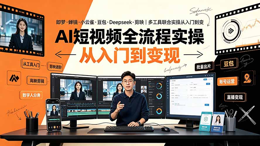 AI短视频全流程实操:即梦·蝉镜·小云雀·豆包·Deepseek·剪映|多工具联合实操从入门到变现-极客网创