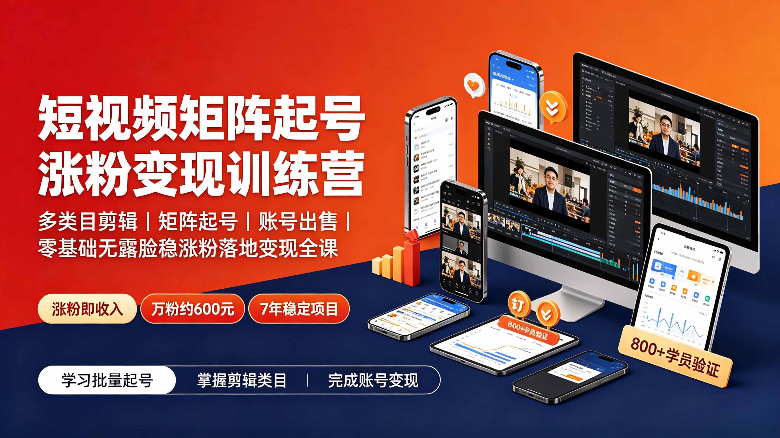 短视频矩阵起号涨粉变现训练营|多类目剪辑·矩阵起号·账号出售,零基础无露脸稳涨粉落地变现全课-极客网创