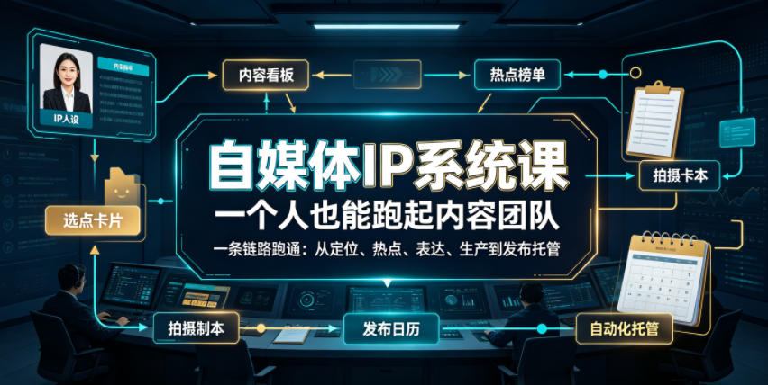 自媒体IP系统课,一个人也能跑起内容团队,一条链路跑通,从定位、热点、表达、生产到发布托管-极客网创