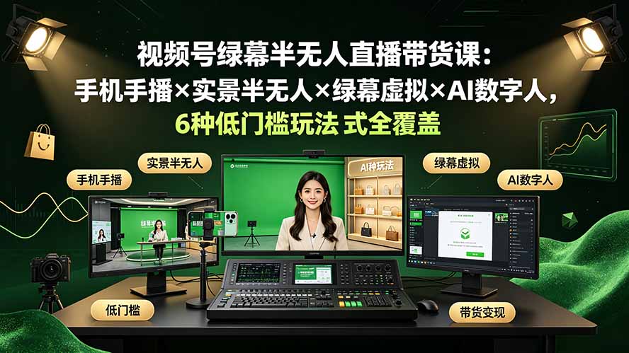 视频号绿幕半无人直播带货课:手机手播×实景半无人×绿幕虚拟×AI数字人,6种低门槛玩法全覆盖-极客网创