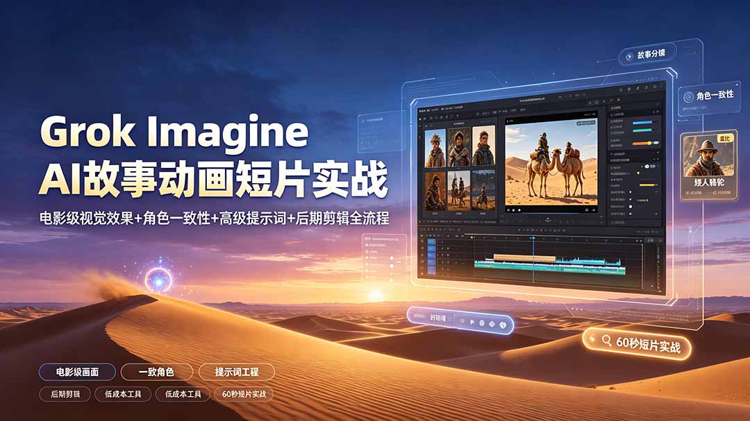 Grok Imagine AI故事动画短片实战:电影级视觉效果+角色一致性+高级提示词+后期剪辑全流程-极客网创