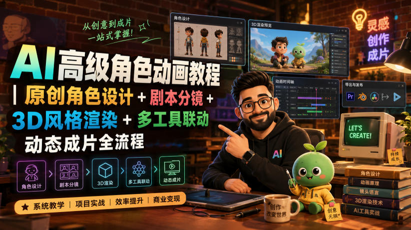 AI高级角色动画教程|原创角色设计+剧本分镜+3D风格渲染+多工具联动动态成片全流程【中英字幕】-极客网创