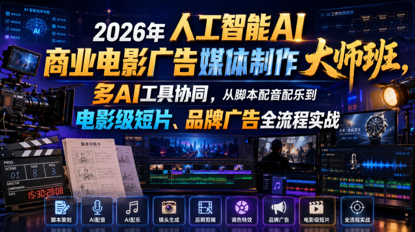 2026年人工智能AI商业电影广告媒体制作大师班,多AI工具协同,从脚本配音配乐到电影级短片、品牌广告全流程实战(中英字幕)-极客网创