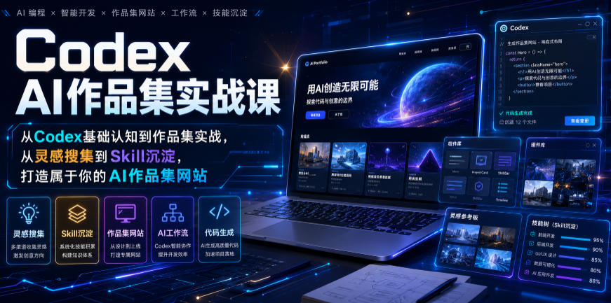 Codex AI作品集实战课,从Codex基础认知到作品集实战,从灵感搜集到Skill沉淀,打造属于你的AI作品集网站-极客网创