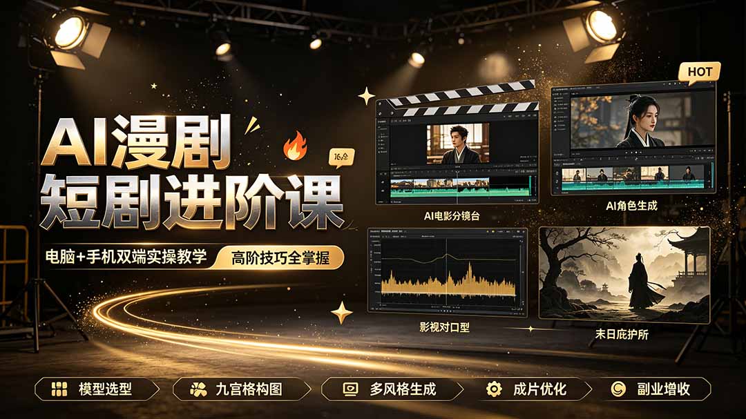 AI漫剧短剧进阶课|电脑+手机双端实操教学|影视剧对口型人物吃瓜×解压末日庇护所全程讲解,高阶技巧全掌握-极客网创