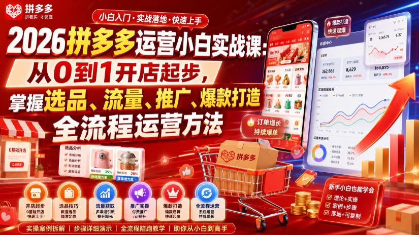 2026拼多多运营小白实战课:从0到1开店起步,掌握选品、流量、推广、爆款打造全流程运营方法-极客网创