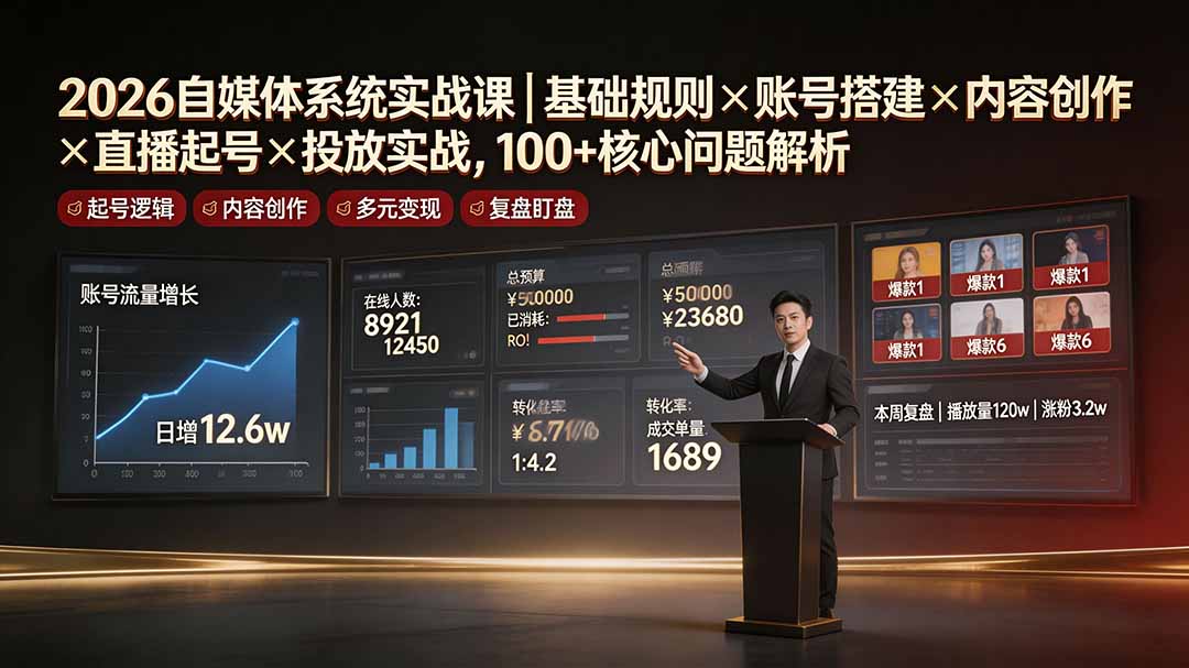 2026自媒体系统实战课｜基础规则×账号搭建×内容创作×直播起号×投放实战，100+核心问题解析-极客网创