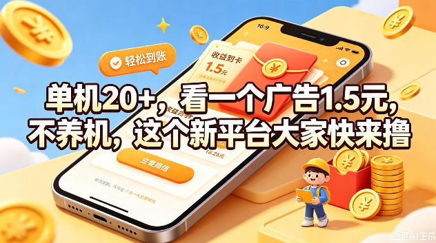 单机20+，看一个广告1.5米，不养机，这个新平台大家快来撸【揭秘】-极客网创
