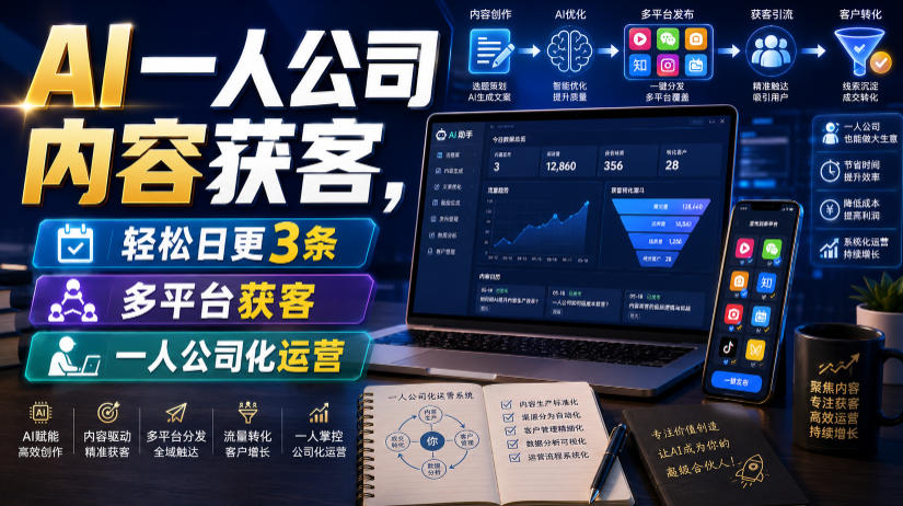 AI一人公司内容获客,轻松日更3条,多平台获客,一人公司化运营-极客网创